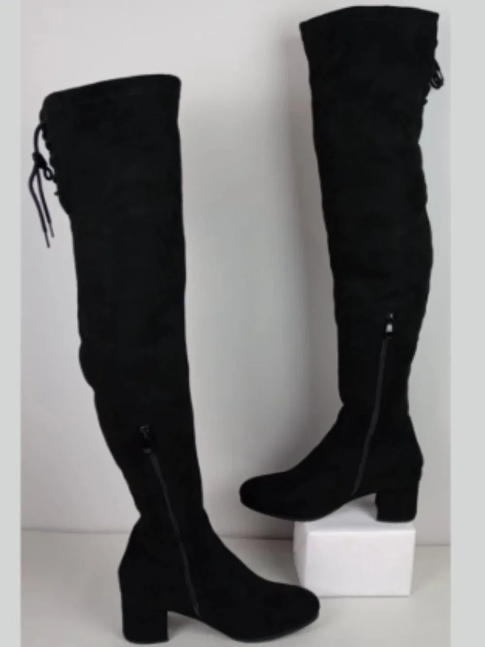 Dream Pairs Womens 9 Black Thigh High Block Heel Zipper Lace up Suede‎ Boots